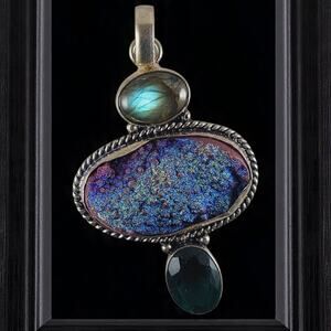 Labradorite Druzy Green Onyx Pendant 2.25" Sterling Silver Handmade Necklace
